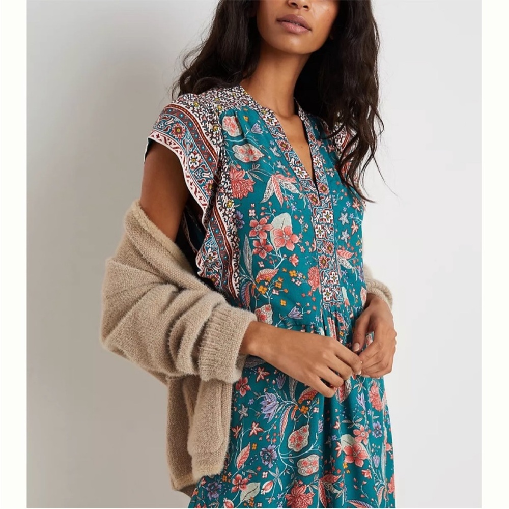 Anthropologie Teal and Red Floral Dress